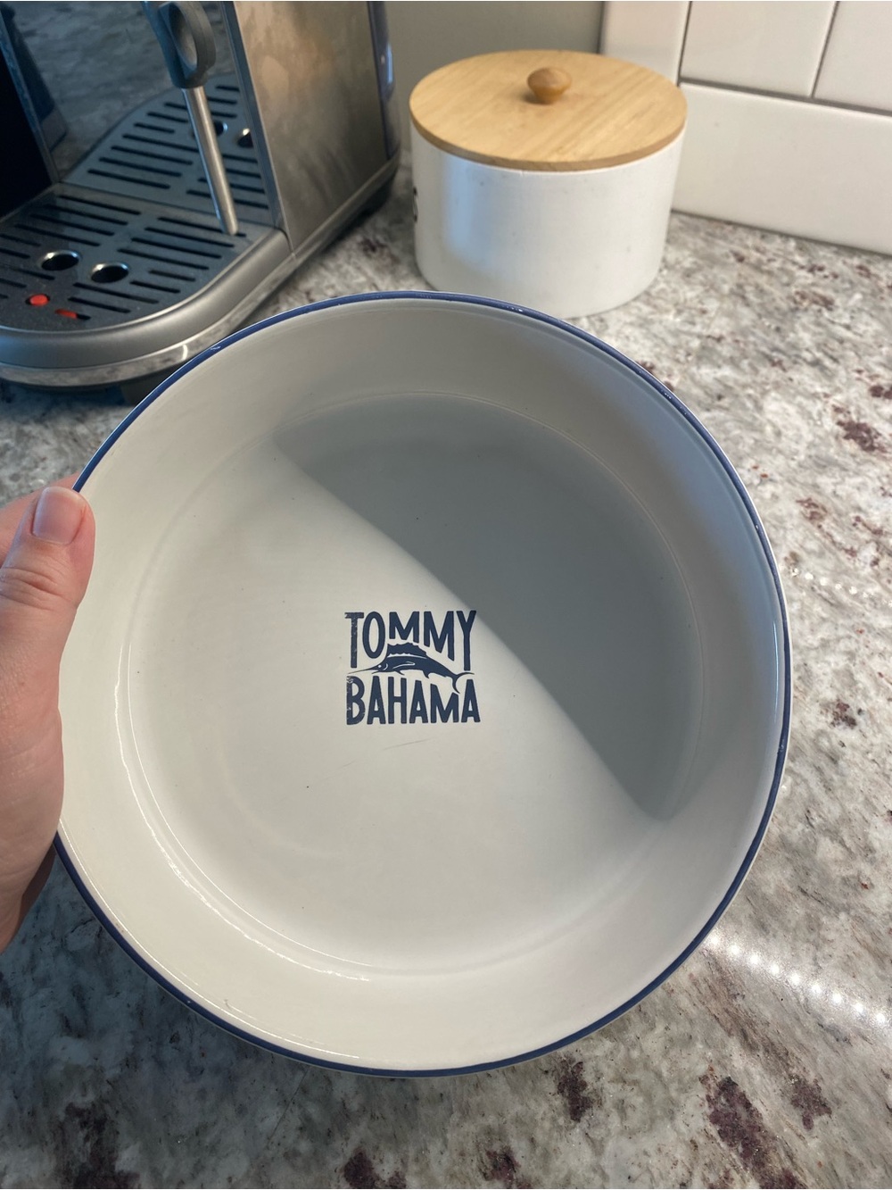 Tommy Bahama White Ceramic Serving Bowl with Blue Logo and Rim